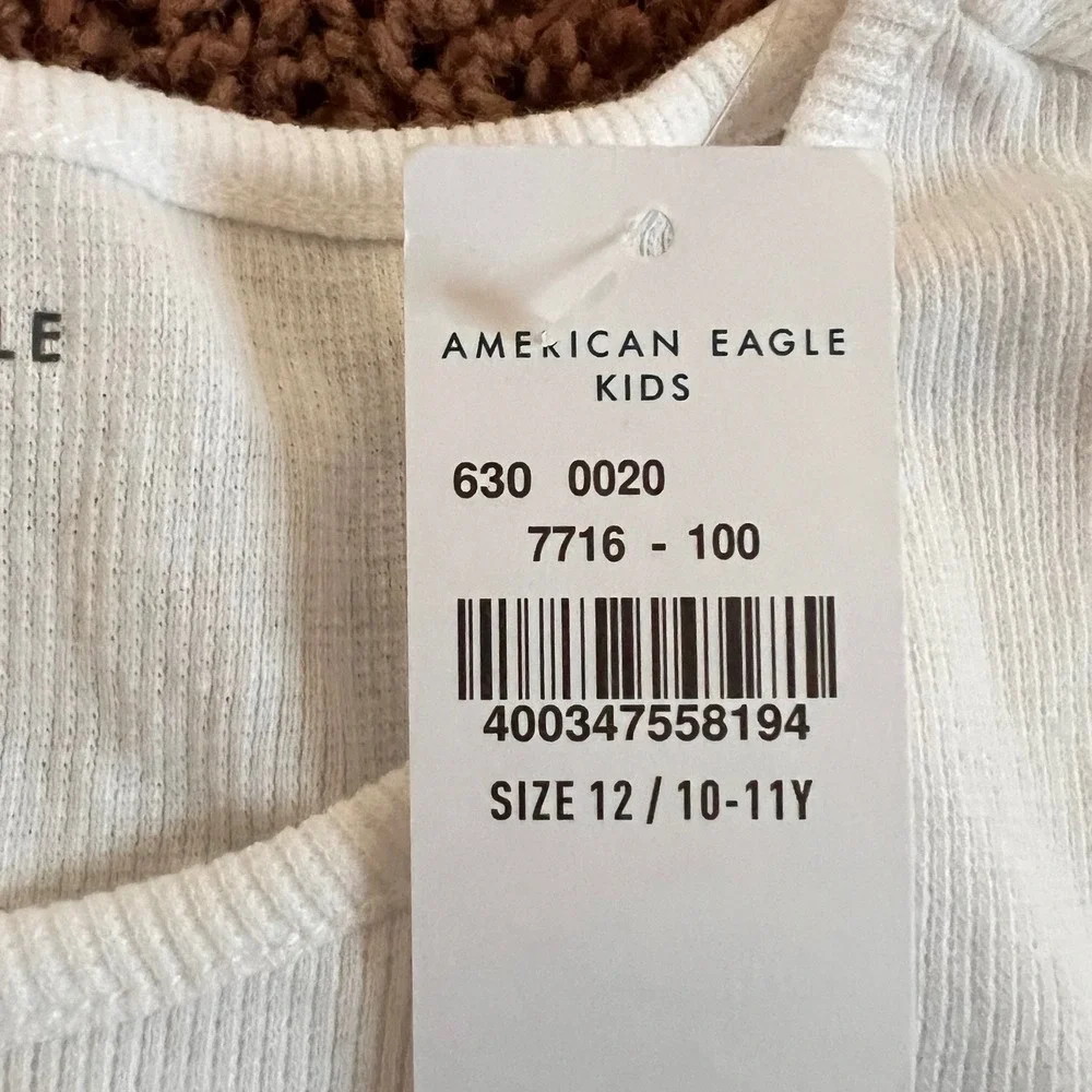 American Eagle Kids White Butterfly Graphic Ribbed‎ Lettuce Hem Crop Top Size 12